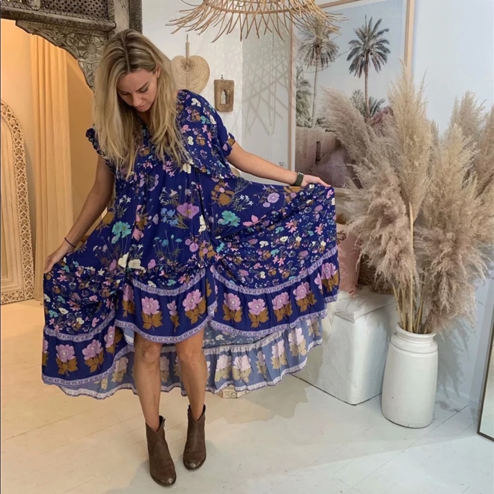 Boho 60’s Floral Gypsy Print Maxi Dress Blue